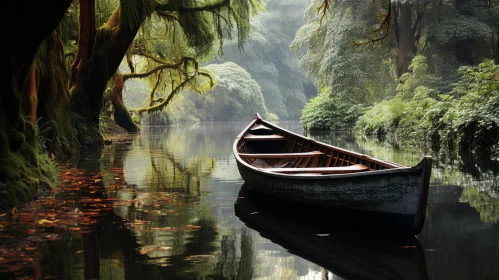 Graceful Wooden Boat Drifting Along a Serene Forest River