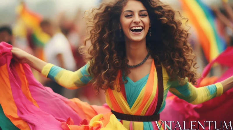 Joyful Woman Dancing in Colorful Costume at Festival AI Image