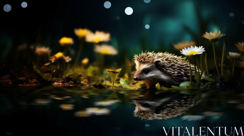 Nature's Serenity - Hedgehog Amidst Flowers and Water Reflection AI Image