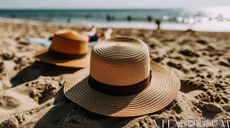 AI ART Serene Beach Scene: Two Straw Hats on Sandy Beach