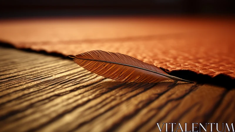 Sunlit Feather on Hardwood: A Mythological Nature Scene AI Image
