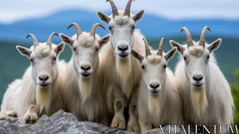 Symmetrical Composition of White Goats on Mountain Rock AI Image