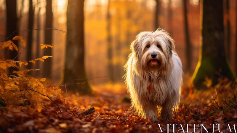 White Hound Dog Walking in the Autumn Woods: A Peaceful Portrayal AI Image