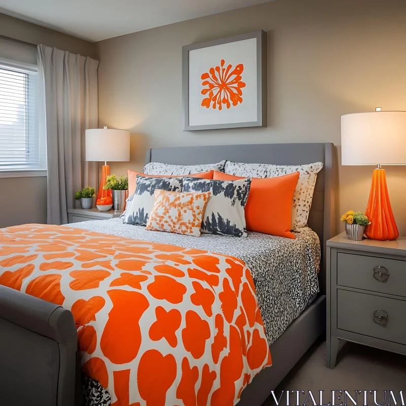 Modern Bedroom Design with Grey and Orange AI Image