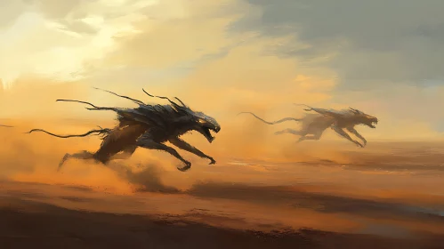 Creatures Running in Desert Landscape