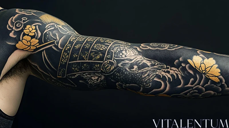 Japanese Black and Gold Arm Tattoo AI Image