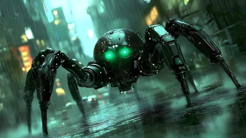 Cybernetic Arachnid in Urban Rain