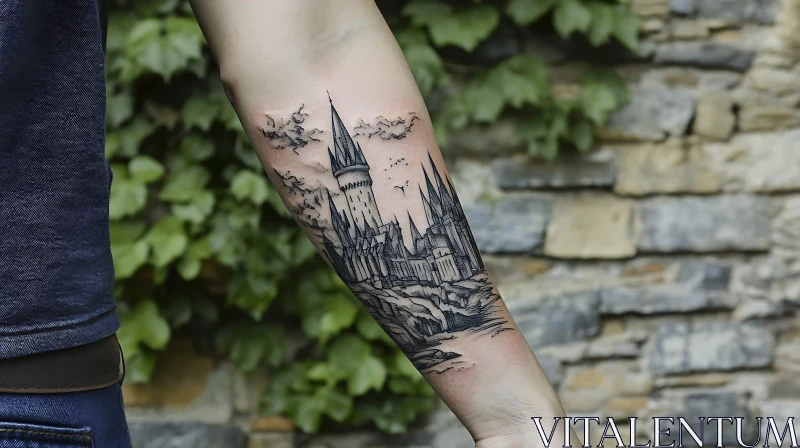 Black and Grey Castle Tattoo on Forearm AI Image