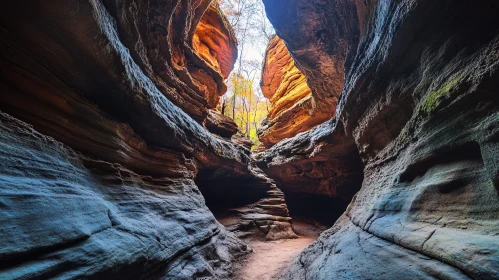 Sunlit Passage through a Natural Canyon with Layered Rock Walls