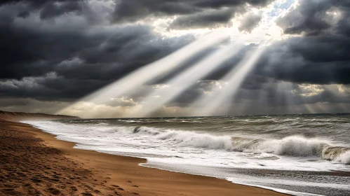 Sun Beams Shining Through Clouds Over Ocean Beach