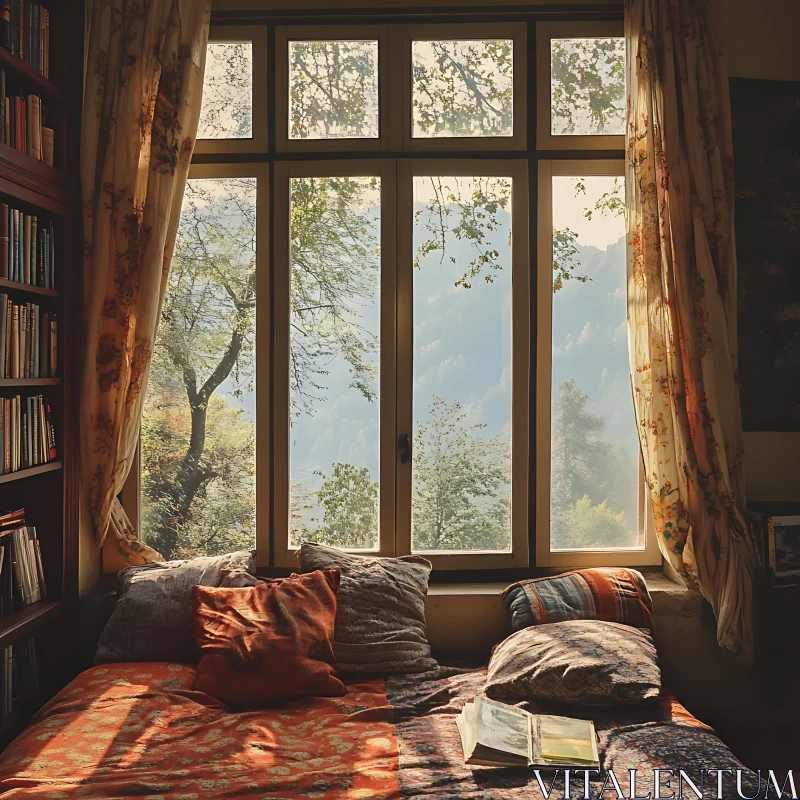 Sunlit Reading Corner with Mountain View AI Image