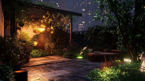 Night Garden with Glowing Lights