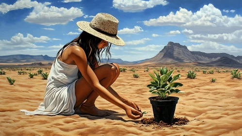 Woman Planting in Arid Desert Landscape