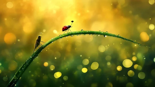 Ladybug and Grasshopper on a Dewy Leaf