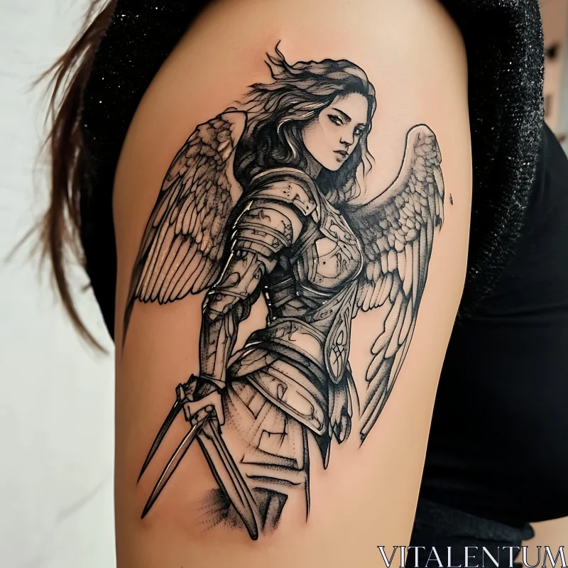 Intricate Female Warrior Tattoo with Wings AI Image