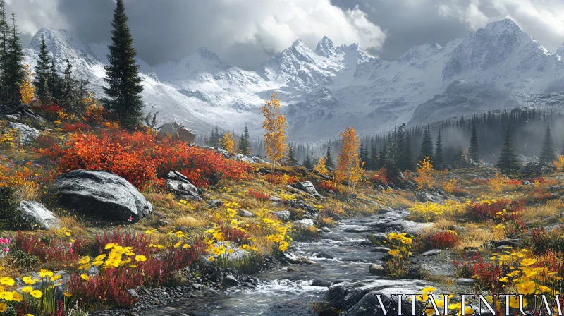 Alpine Meadow with Snowy Mountains and Autumn Foliage AI Image