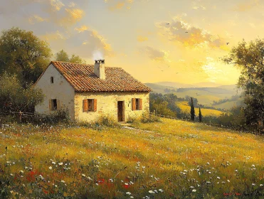 Sunset Over Quaint House in Field