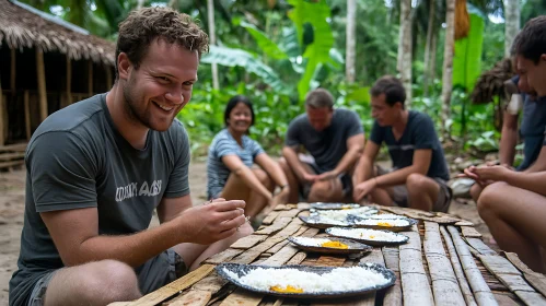 Friends Sharing a Meal in the Jungle