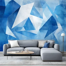 Blue and White Abstract Design Above Sofa