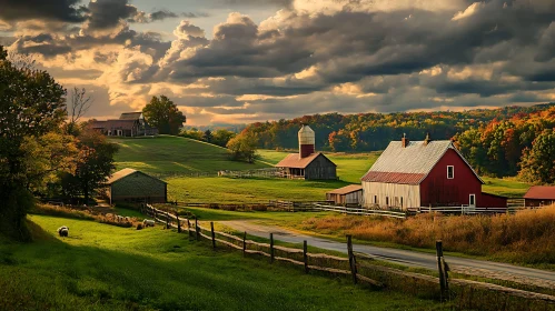 Rural Farm Scene at Dusk