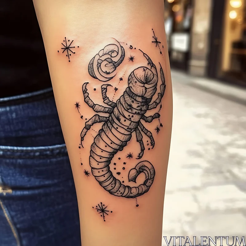 Intricate Forearm Scorpion Tattoo with Celestial Elements AI Image