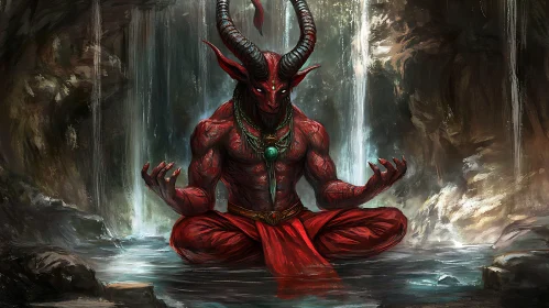 Serene Demon in Waterfall Meditation