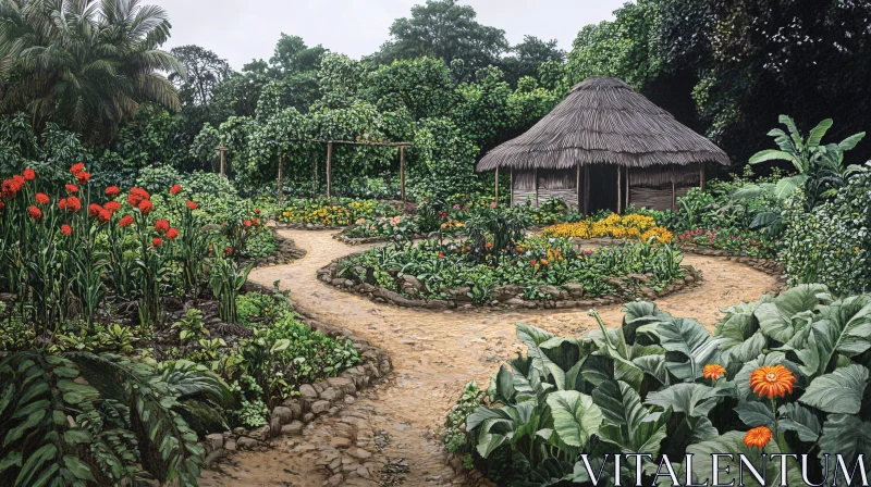 Idyllic Garden Scene with Thatched Hut AI Image