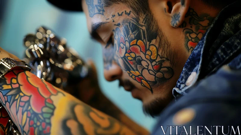 Detailed Face and Arm Tattoos AI Image