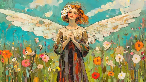 Angel in Field of Flowers Painting