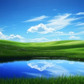 Serene Landscape with Green Field and Pond