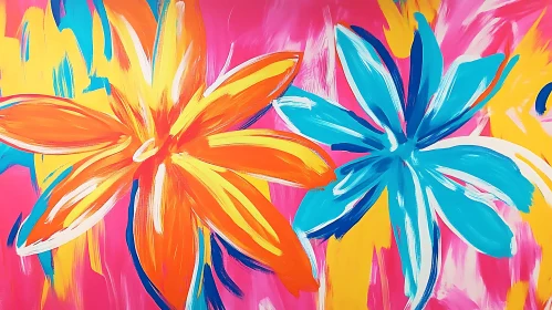 Abstract Floral Painting with Orange and Blue Flowers