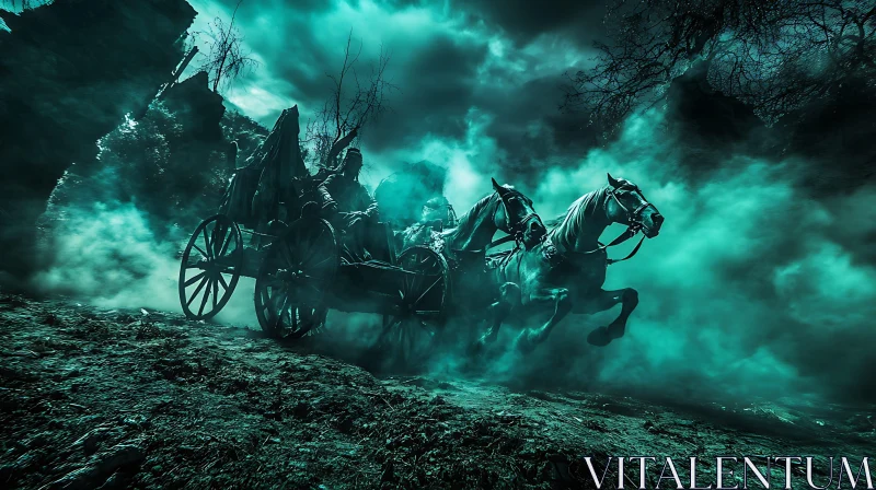 AI ART Teal Fantasy: Horse Carriage in Hazy Landscape