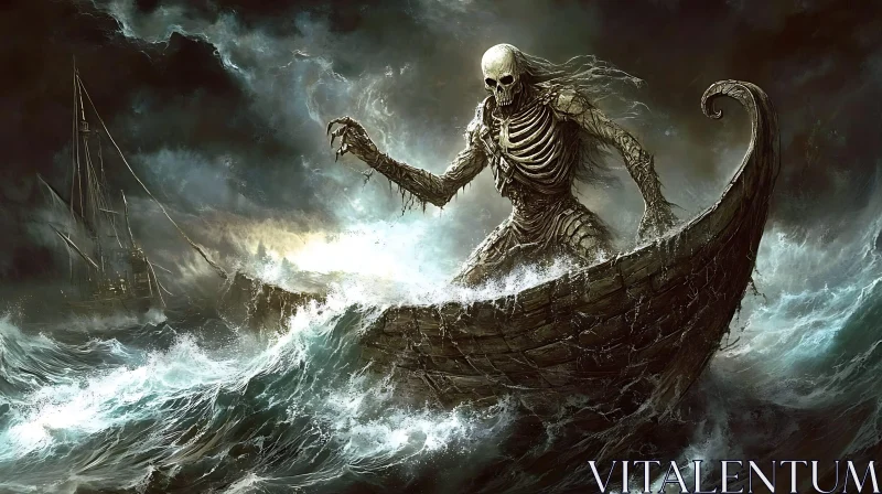 AI ART Skeletal Boatman Amidst Tempestuous Waters