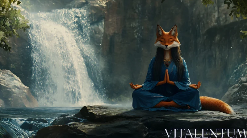 Meditative Fox by the Waterfall AI Image