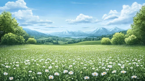 Blooming Meadow with Mountains