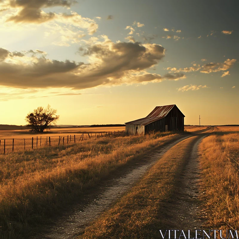 Sunset Over Rural Farmland with Old Barn AI Image