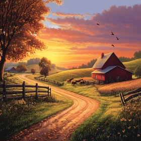 Rural Sunset Scene with Barn and Horses