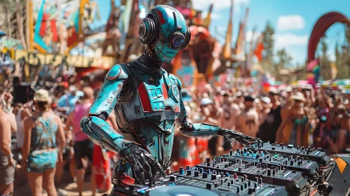 Futuristic Robot DJ Entertaining Crowd