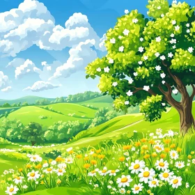 Spring Meadow with Flowering Tree