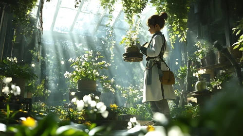 Sunlit Greenhouse with Woman and Flowers