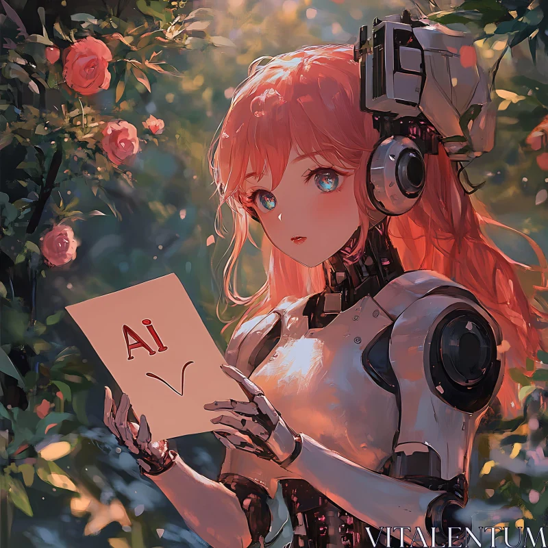 AI Robot Girl Holding Paper in Flower Garden AI Image