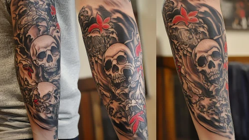 Intricate Skull Tattoo with Red Flowers on Forearm