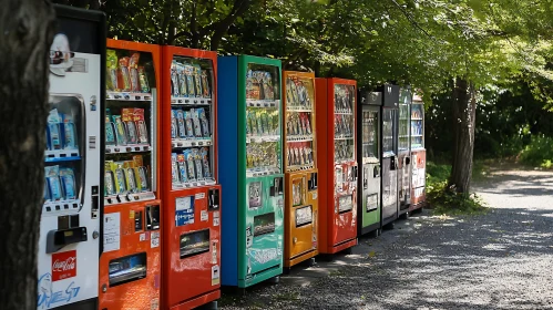 Row of Vending Machines Under Trees