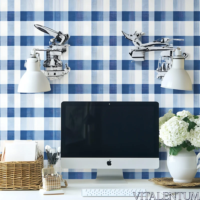 Blue Checkered Home Office Design AI Image