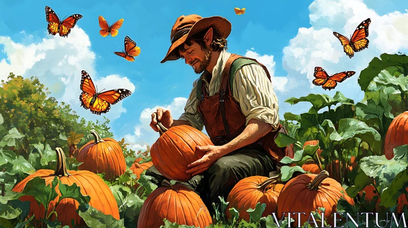 Harvesting Pumpkins with Butterflies AI Image