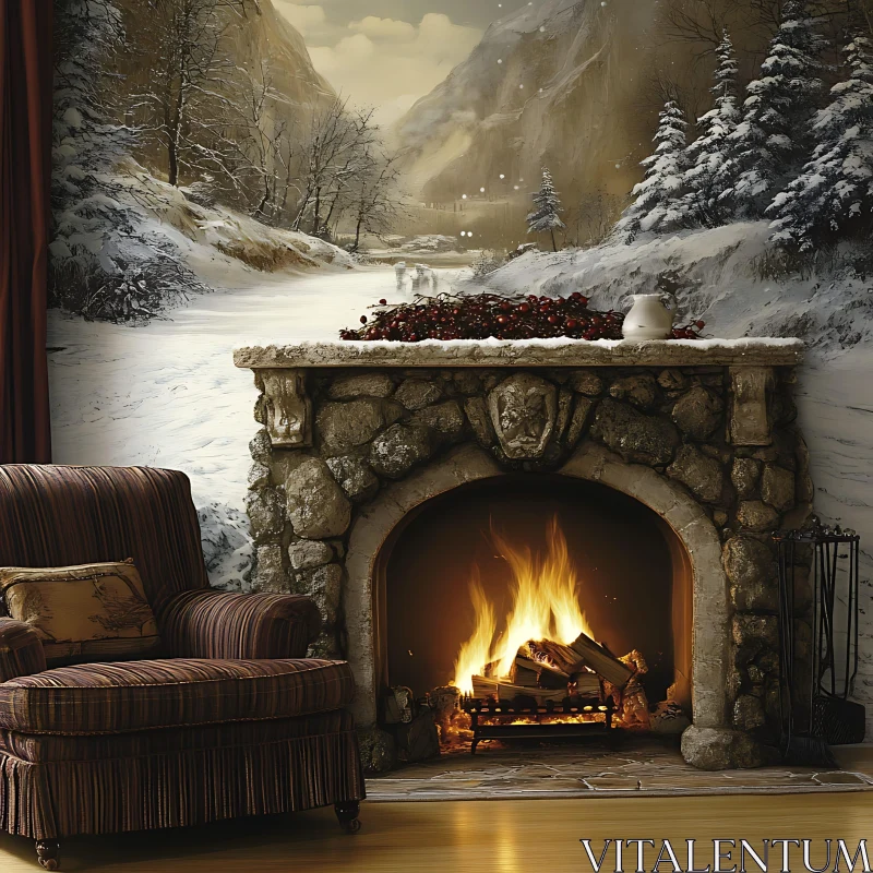 AI ART Cozy Fireplace in Winter Landscape