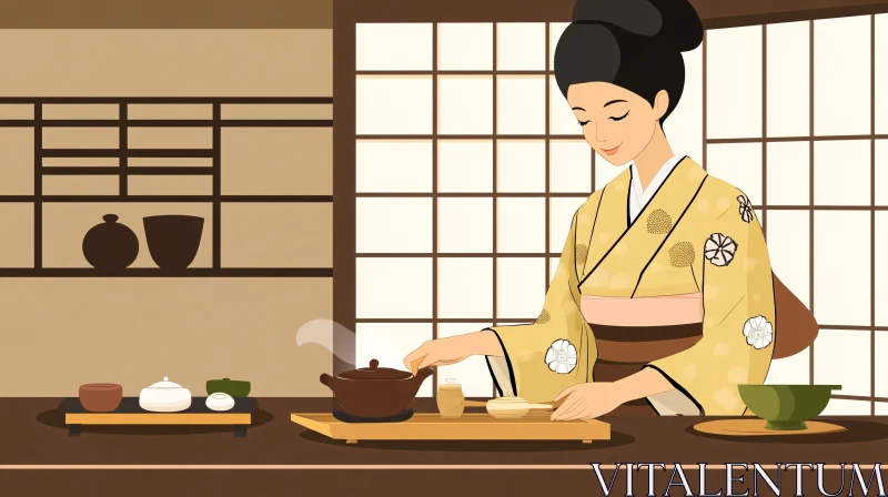 AI ART Woman in Kimono Preparing Tea