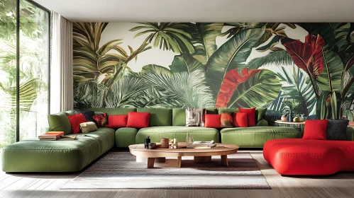 Green Sofa with Tropical Wallpaper