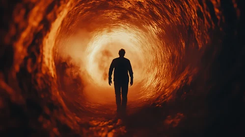 Person Silhouette in Abstract Tunnel of Fire