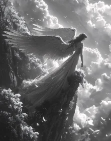 Winged Angel Overlooking Cloudy Landscape